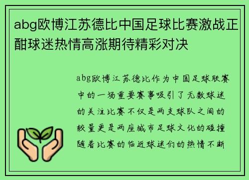 abg欧博江苏德比中国足球比赛激战正酣球迷热情高涨期待精彩对决